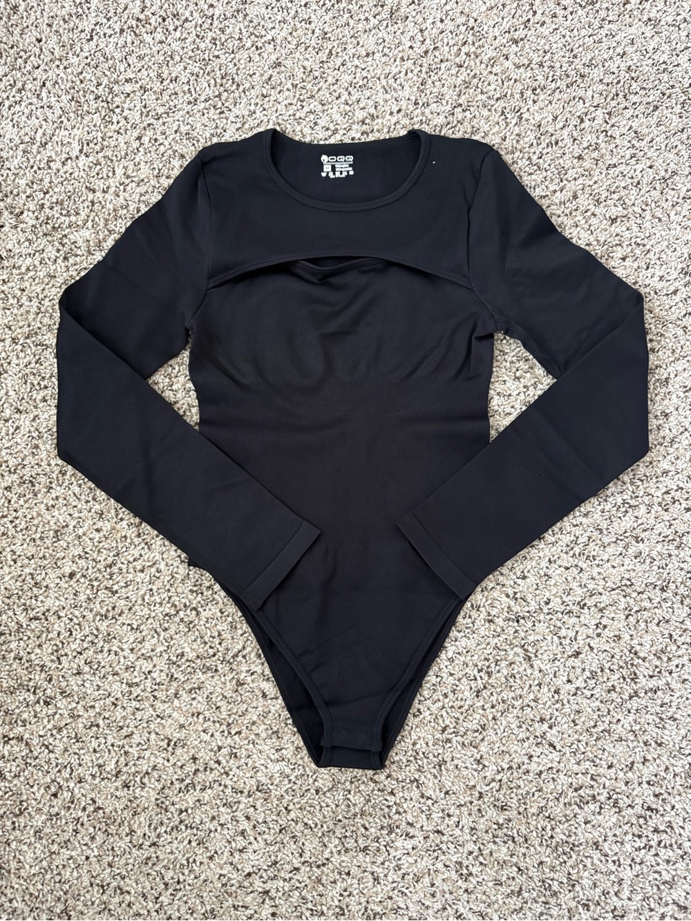 Black Long-Sleeve Women’s Bodysuit with Scoop Neck and Cut Out Detail